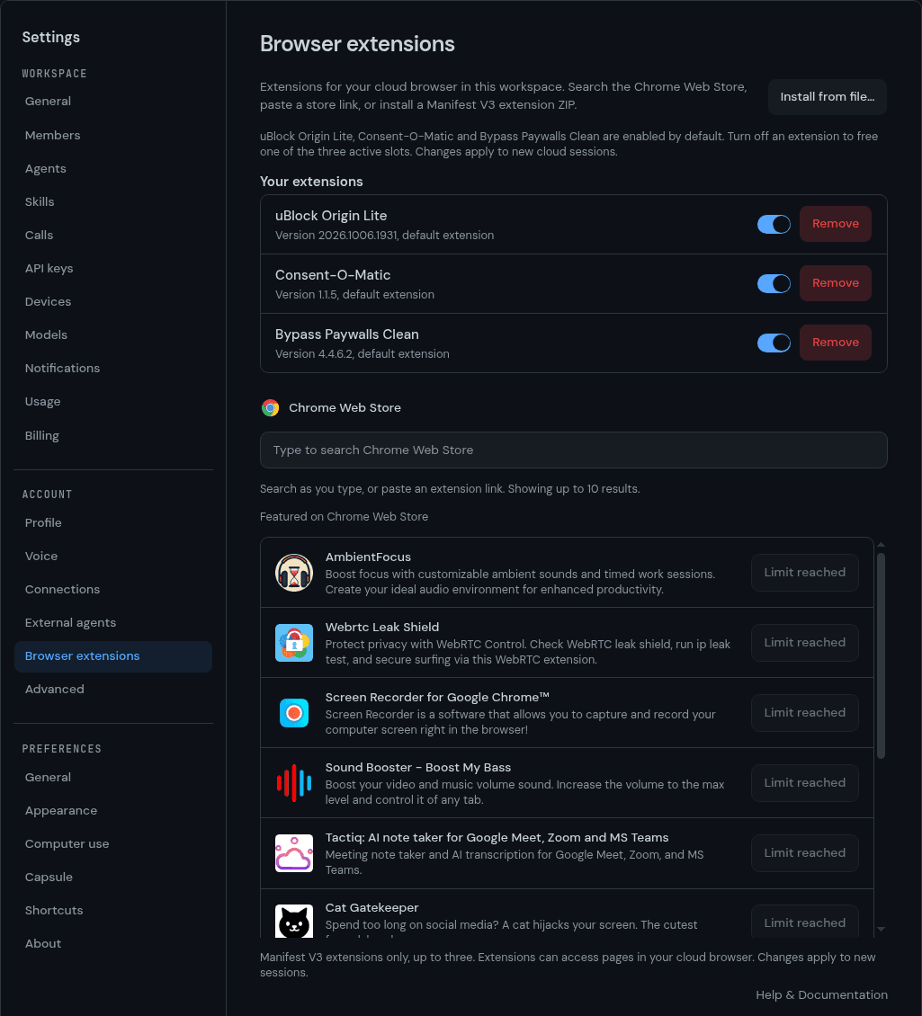 Browser extension settings with defaults, switches and Chrome Web Store search